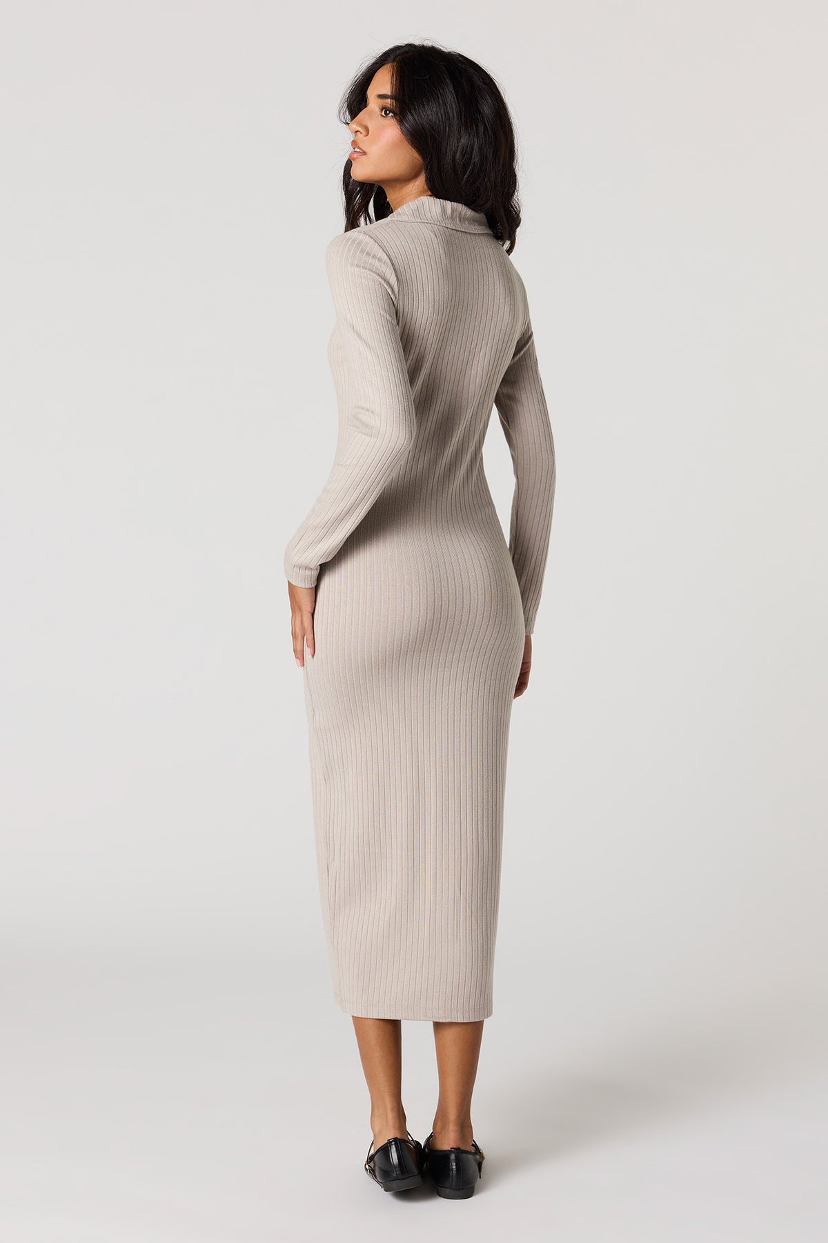 Alt View 3. Ribbed Button-Up Collared Midi Dress - Taupe