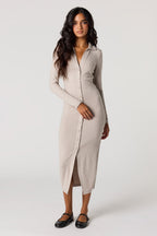 Ribbed Button-Up Collared Midi Dress