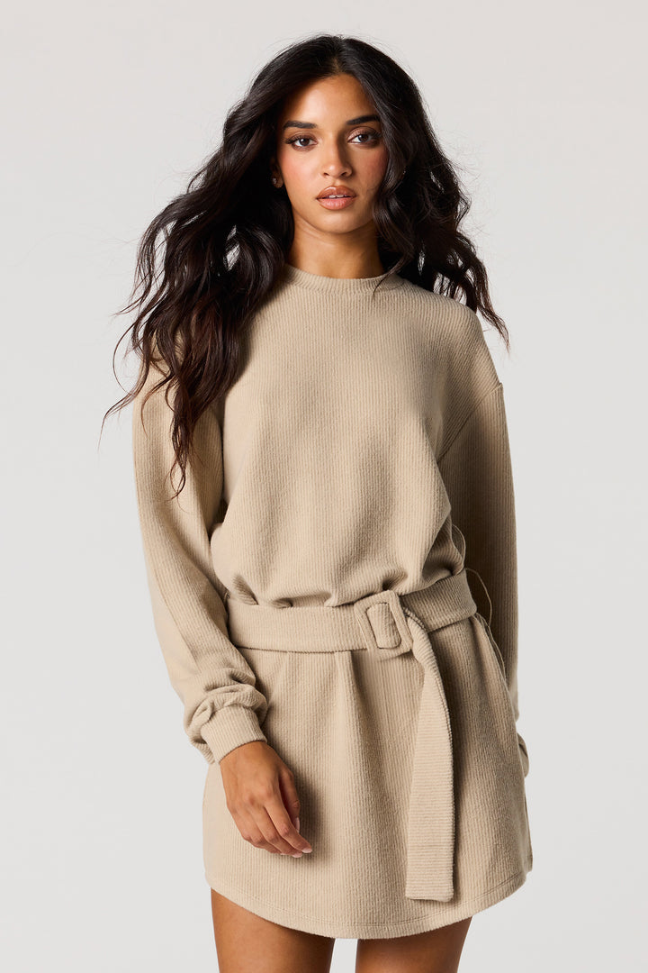 Ribbed Knit Belted Mini Dress