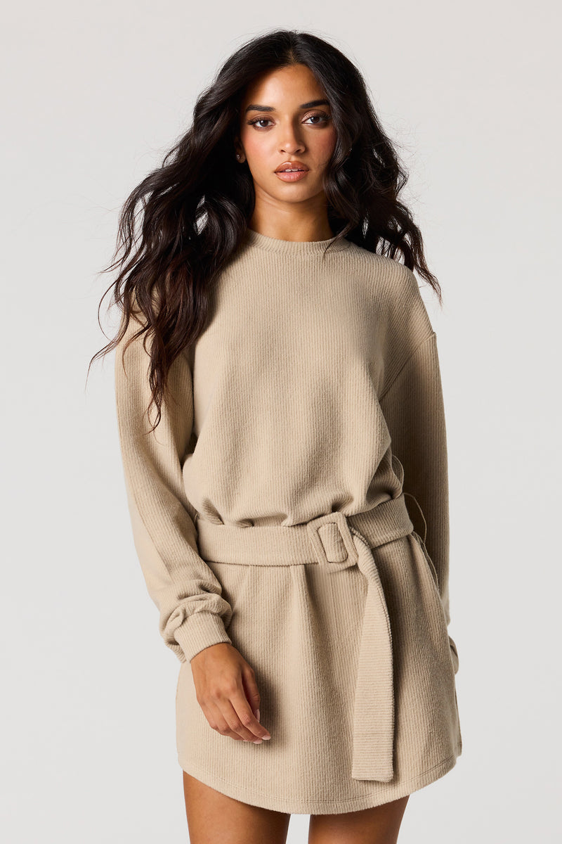 Ribbed Knit Belted Mini Dress