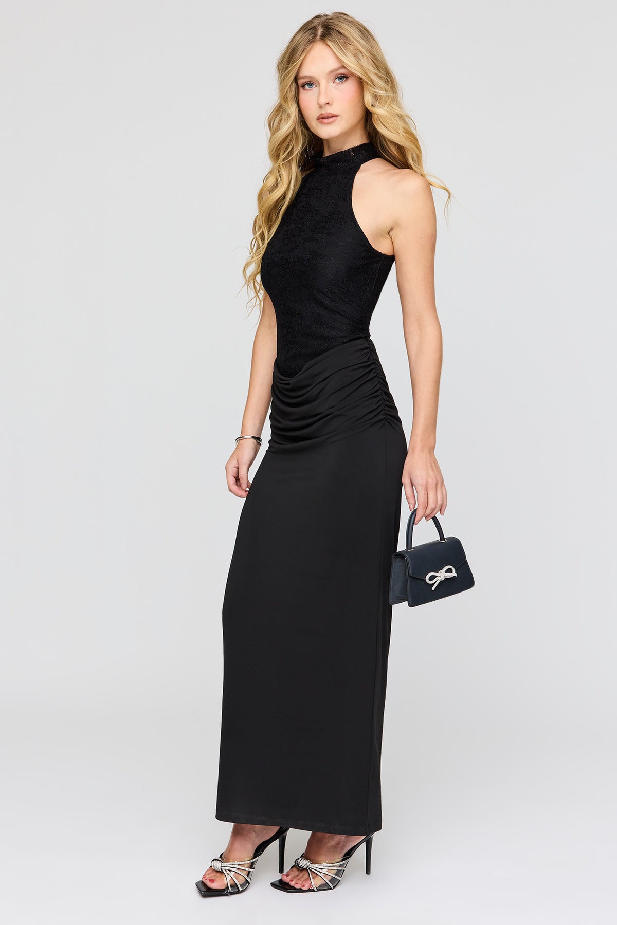 Alt View 2. Lace High Neck Ruched Maxi Dress - Black