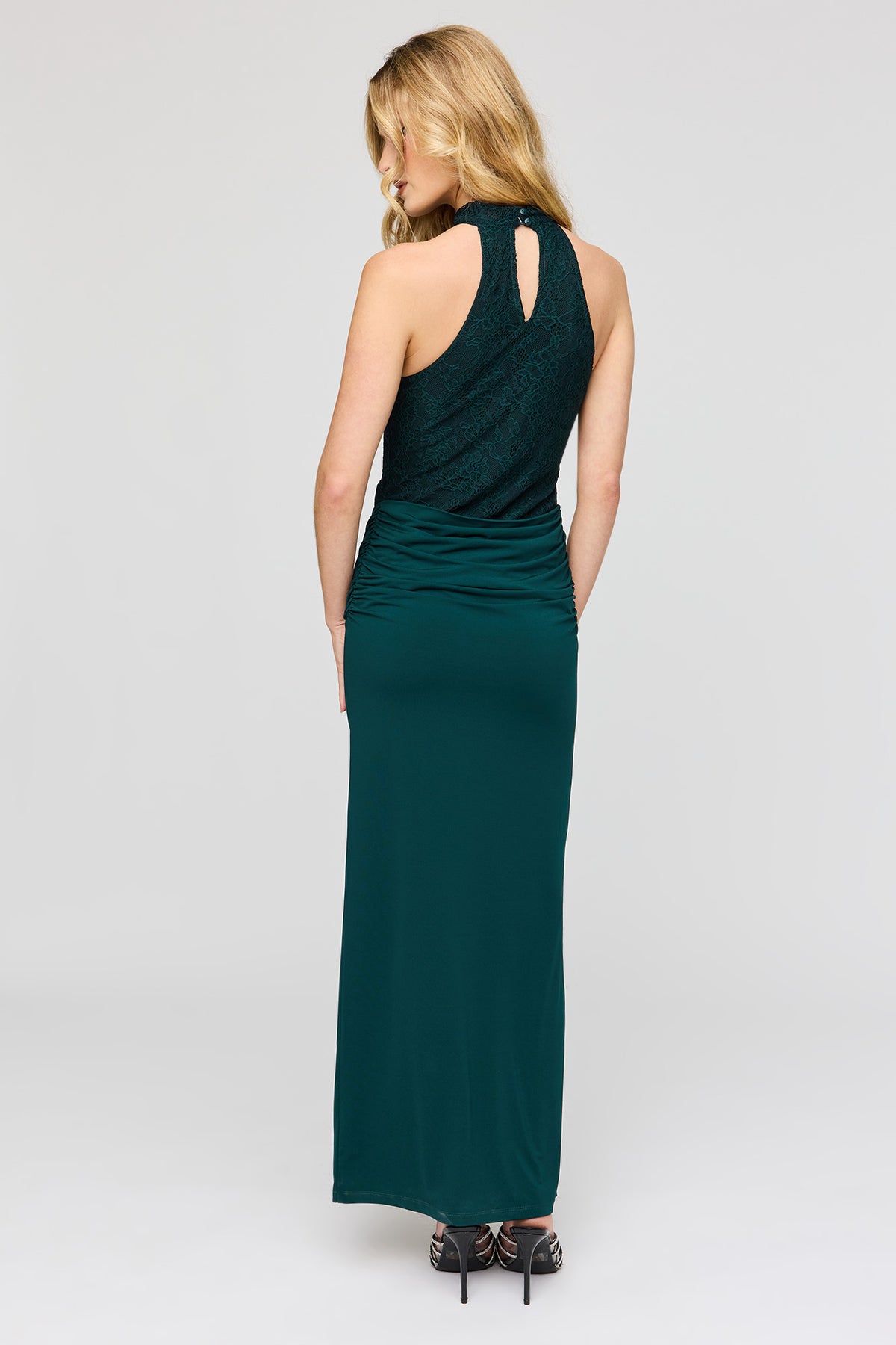 Alt View 3. Lace High Neck Ruched Maxi Dress - Green