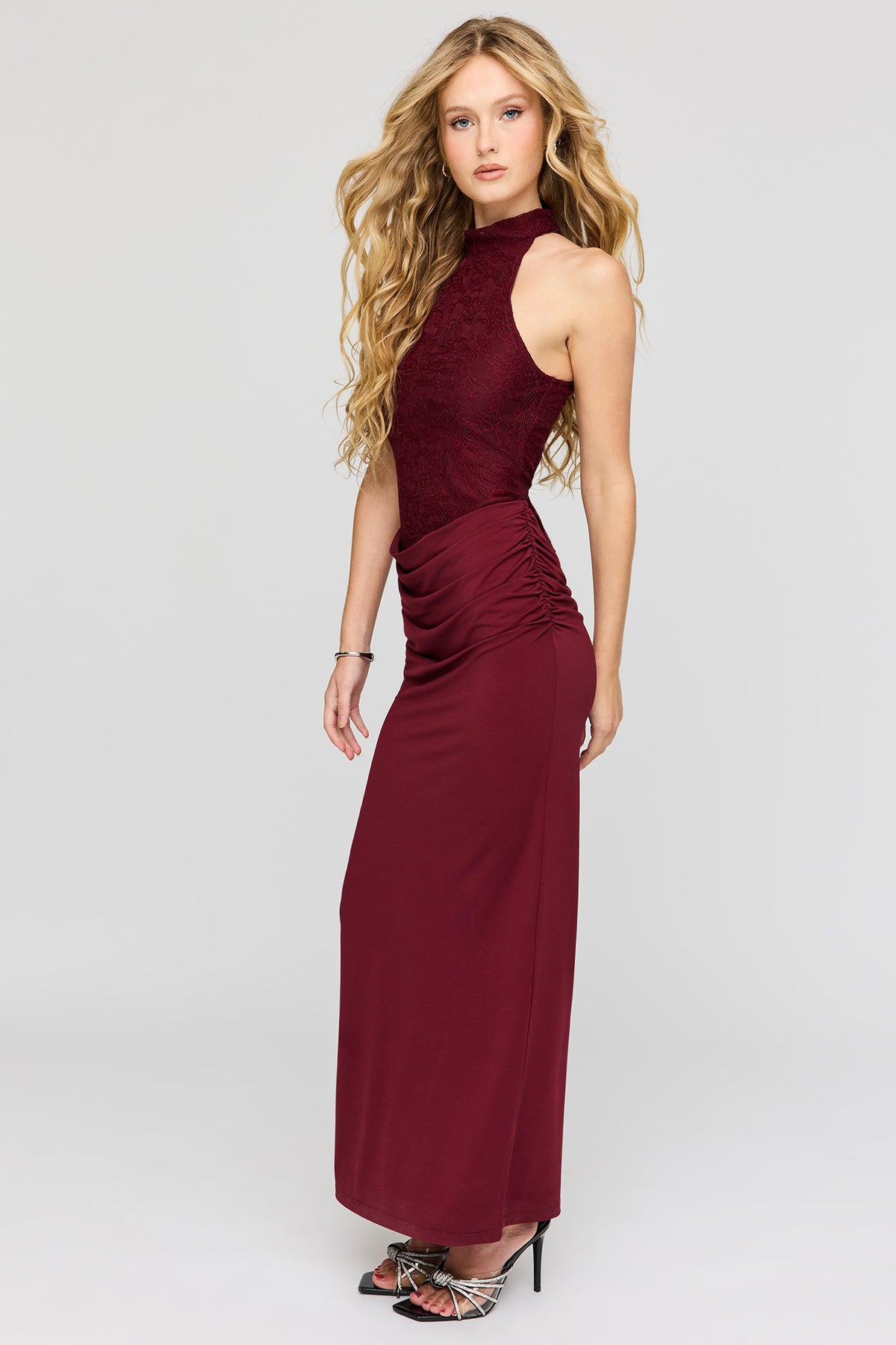Alt View 2. Lace High Neck Ruched Maxi Dress - Wine