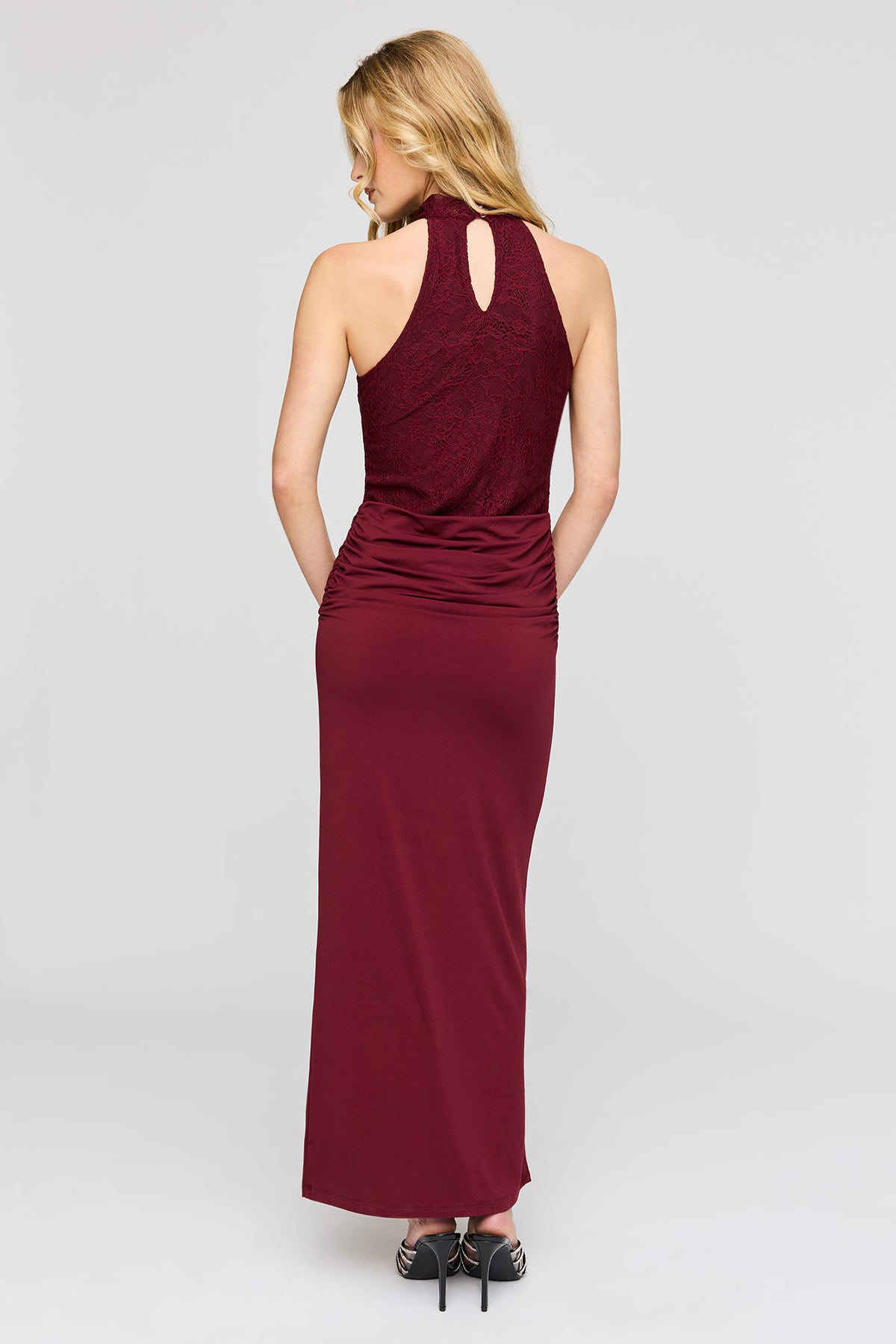 Alt View 3. Lace High Neck Ruched Maxi Dress - Wine