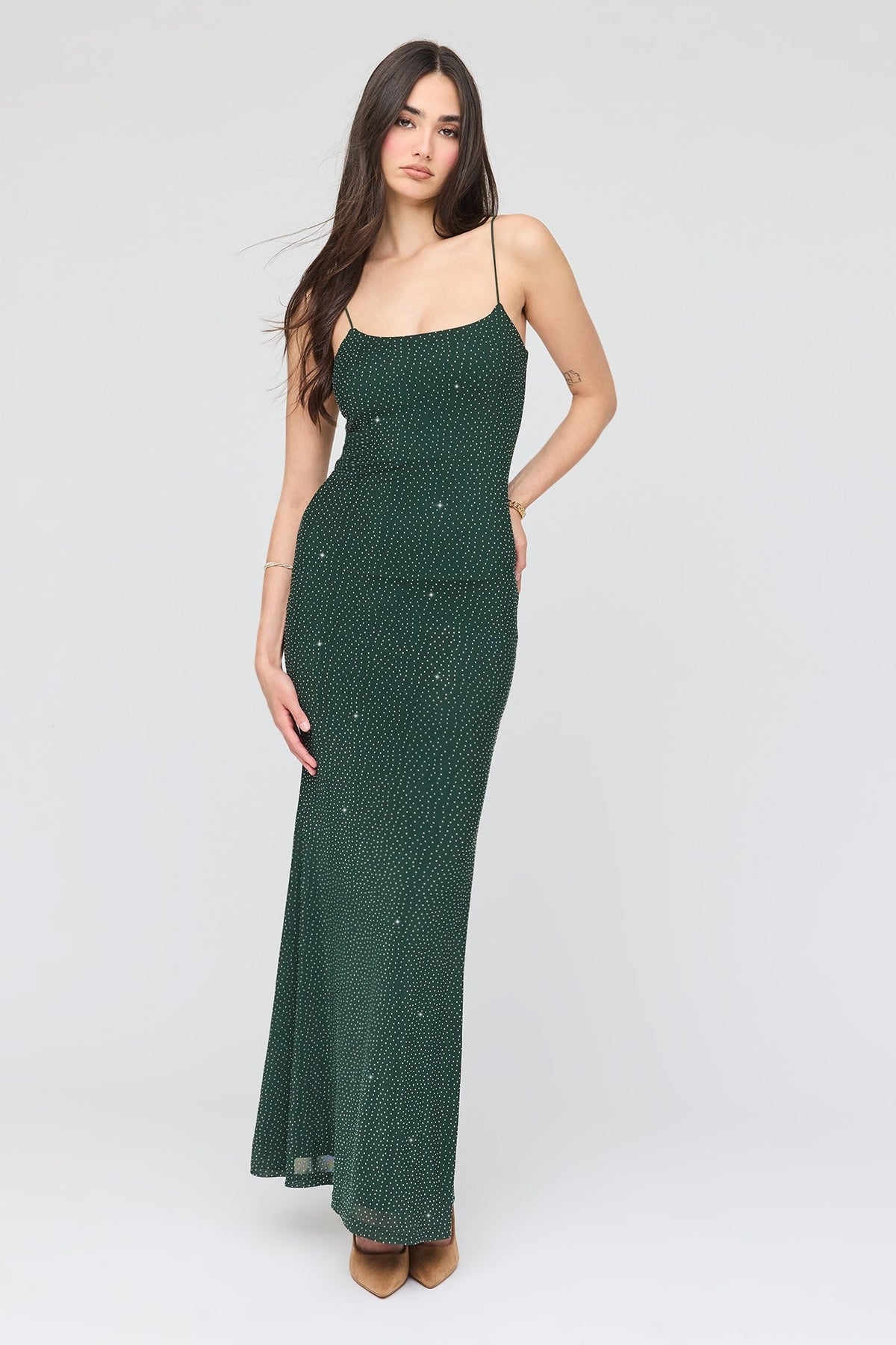 Mesh Rhinestone Maxi Dress - Green