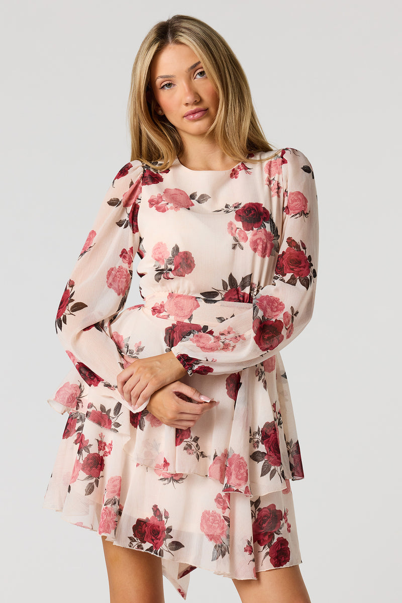 Chiffon Tiered Long Sleeve Mini Dress