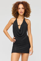 Rhinestone Cowl Neck Mesh Mini Dress in Black