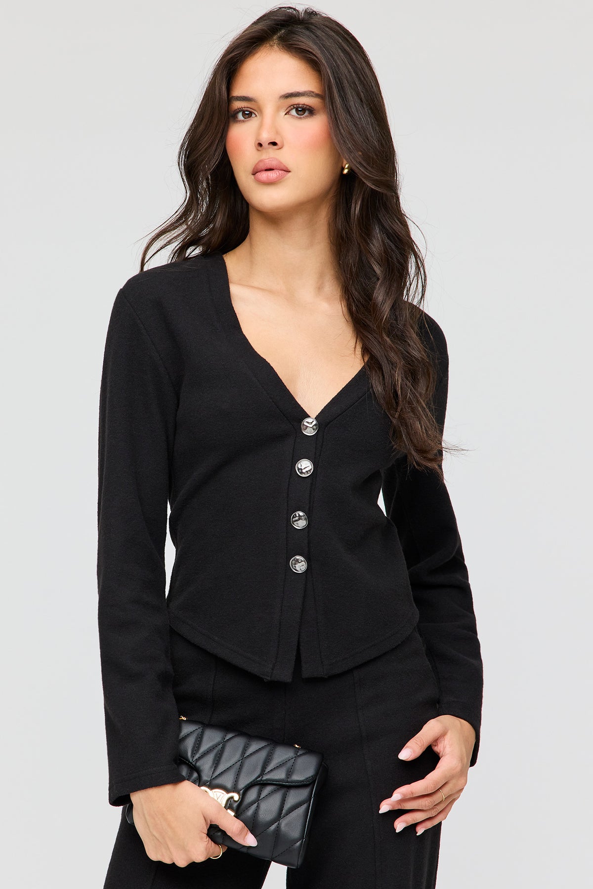 Cardigan boutonné en tricot pelucheux