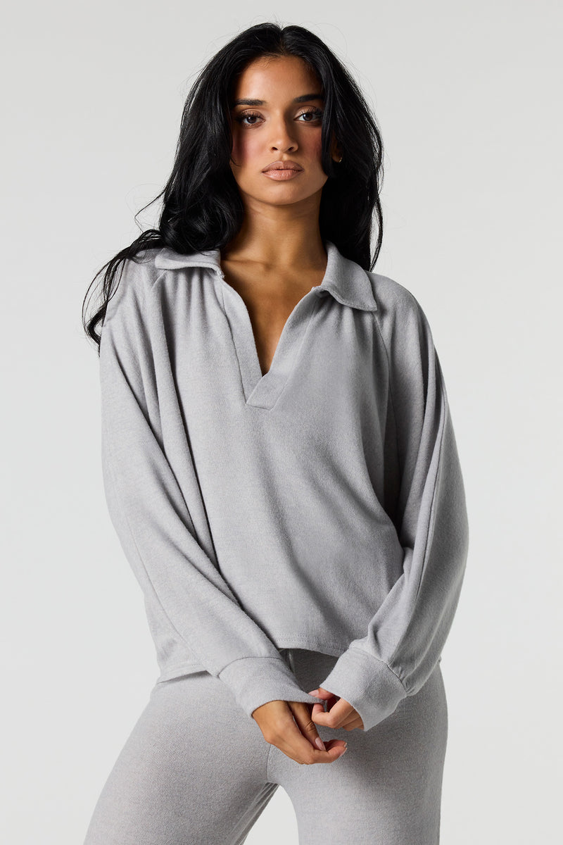 V-Neck Collared Long Sleeve Top