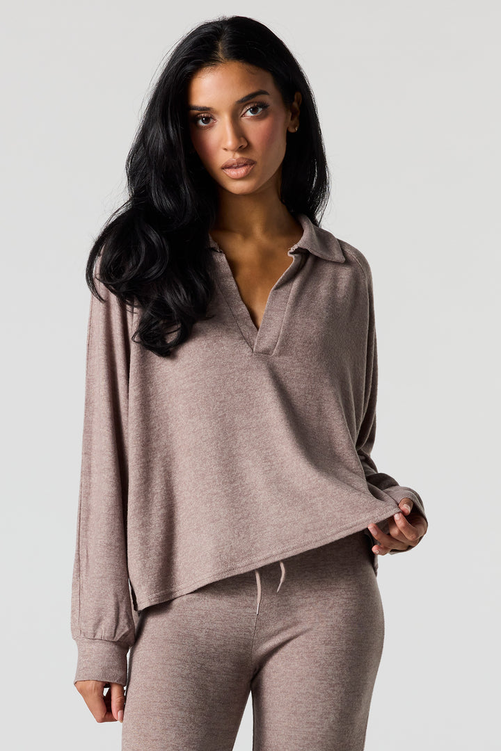 V-Neck Collared Long Sleeve Top