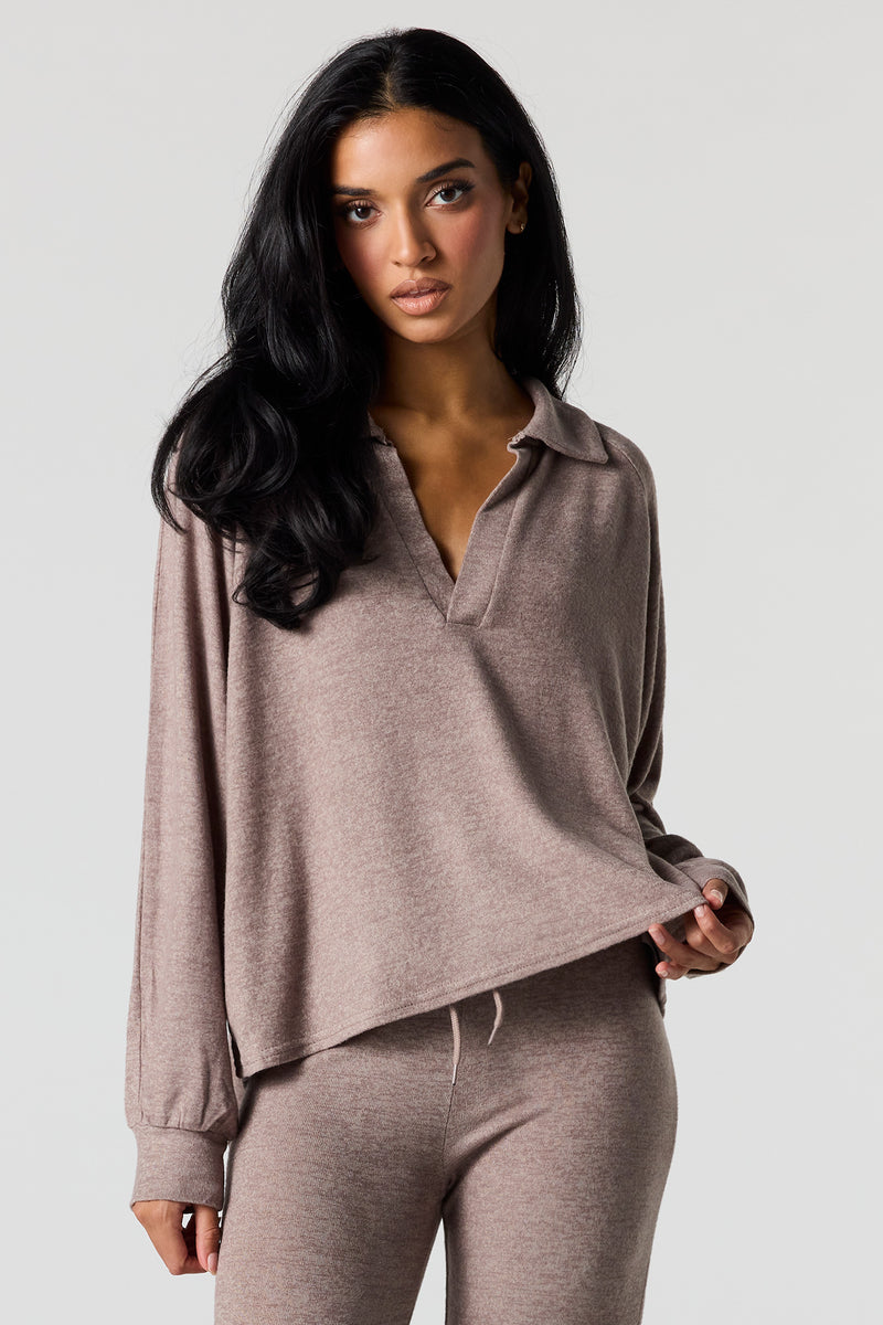 V-Neck Collared Long Sleeve Top
