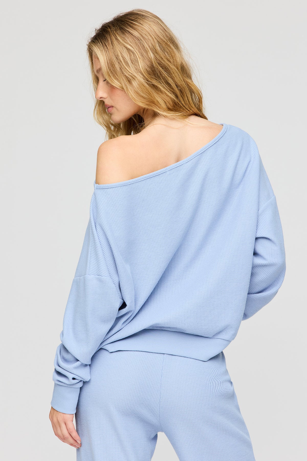 Alt View 2. Waffle Knit Off Shoulder Long Sleeve Top - Blue