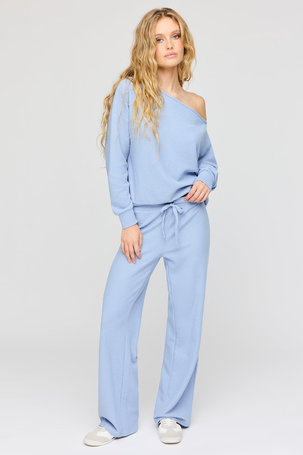 Alt View 3. Waffle Knit Off Shoulder Long Sleeve Top - Blue
