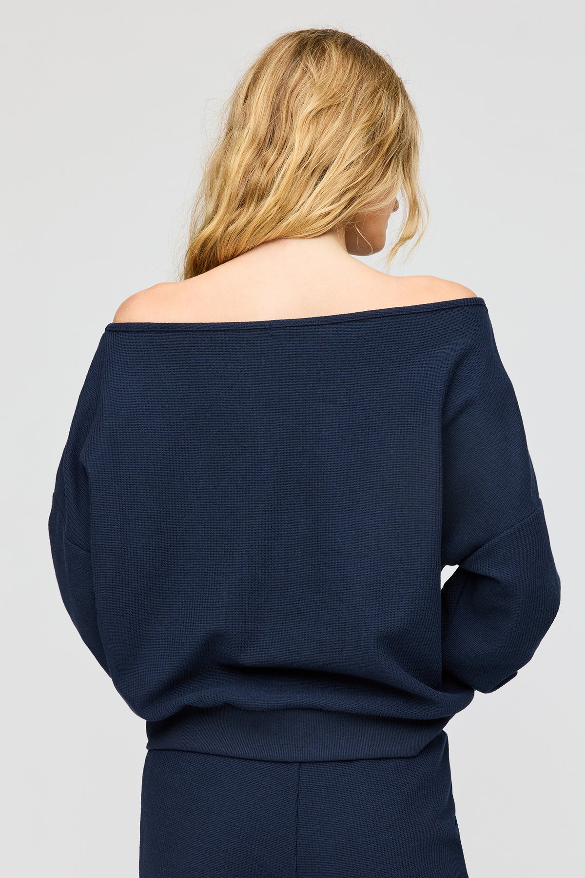 Alt View 2. Waffle Knit Off Shoulder Long Sleeve Top - Navy