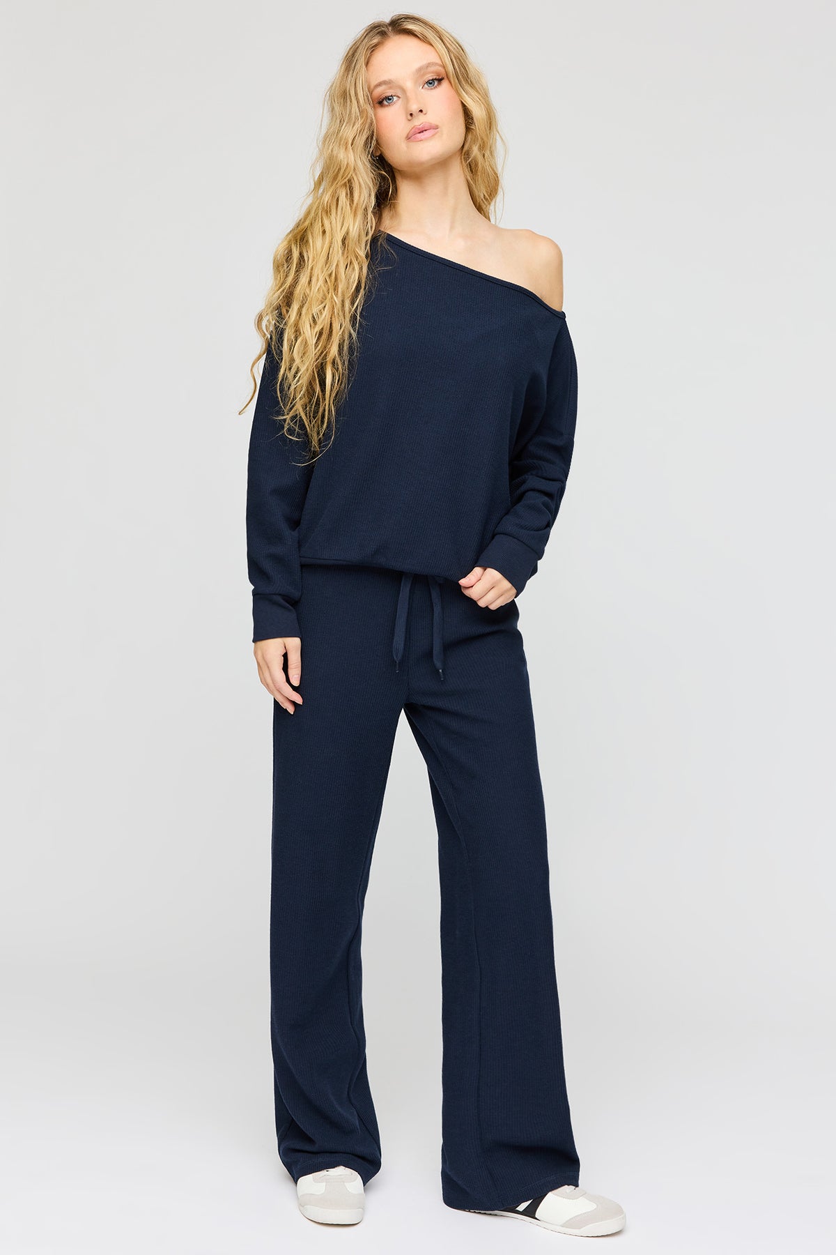 Alt View 3. Waffle Knit Off Shoulder Long Sleeve Top - Navy