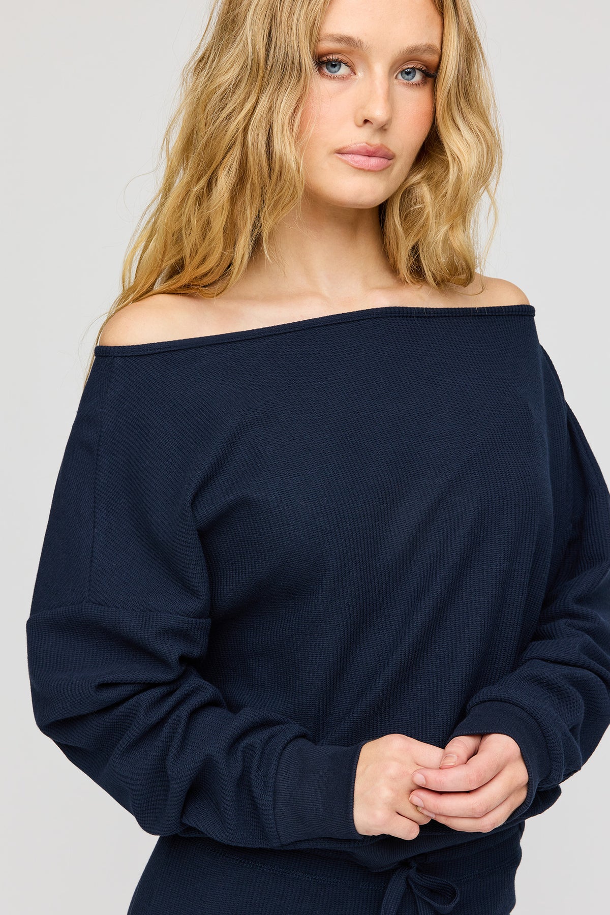 Waffle Knit Off Shoulder Long Sleeve Top - Navy