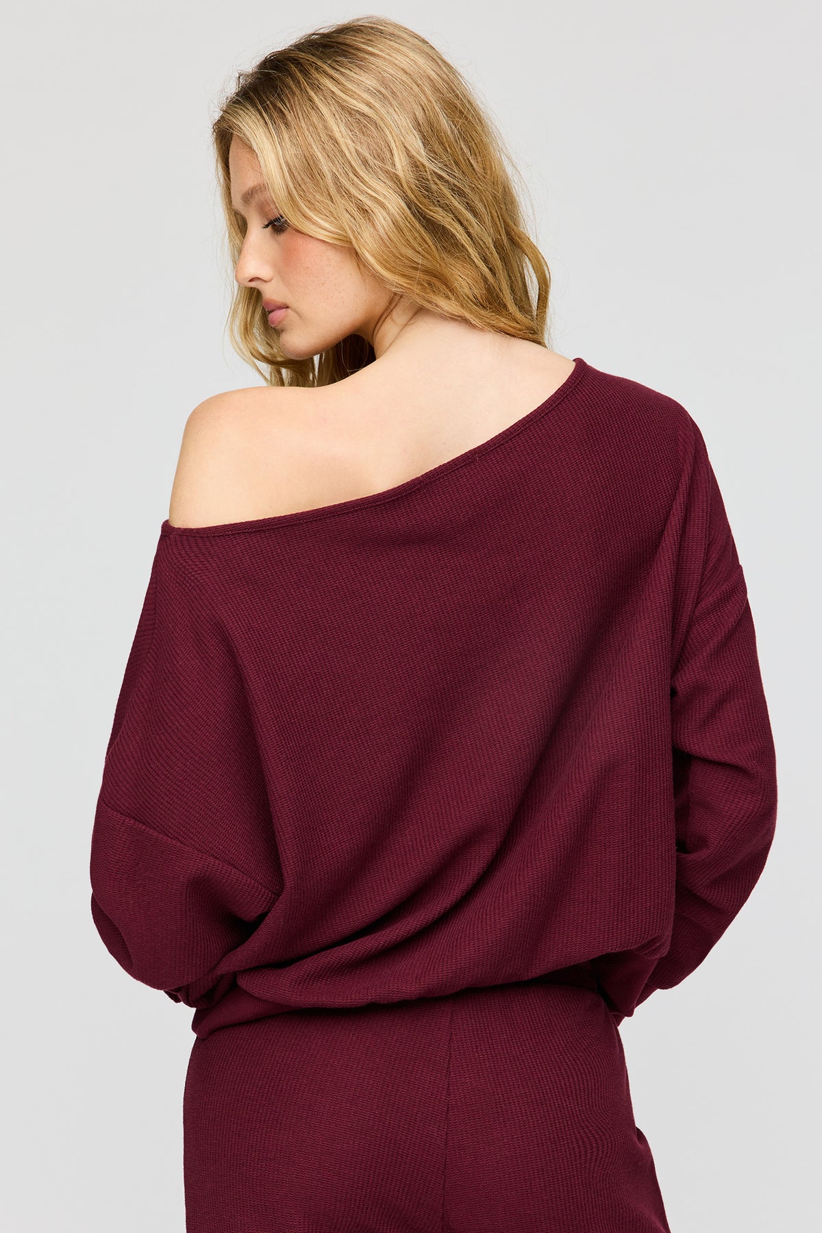Alt View 2. Waffle Knit Off Shoulder Long Sleeve Top - Burgundy