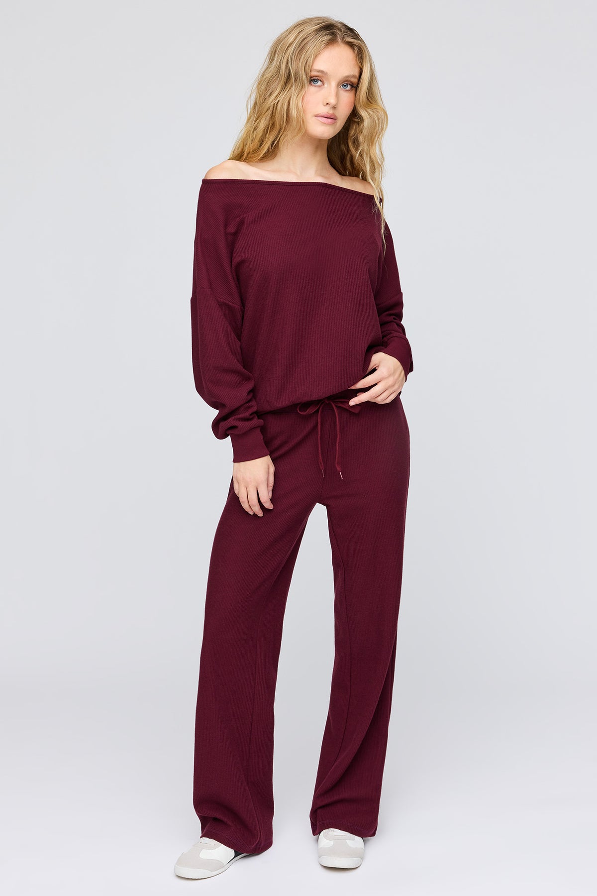 Alt View 3. Waffle Knit Off Shoulder Long Sleeve Top - Burgundy