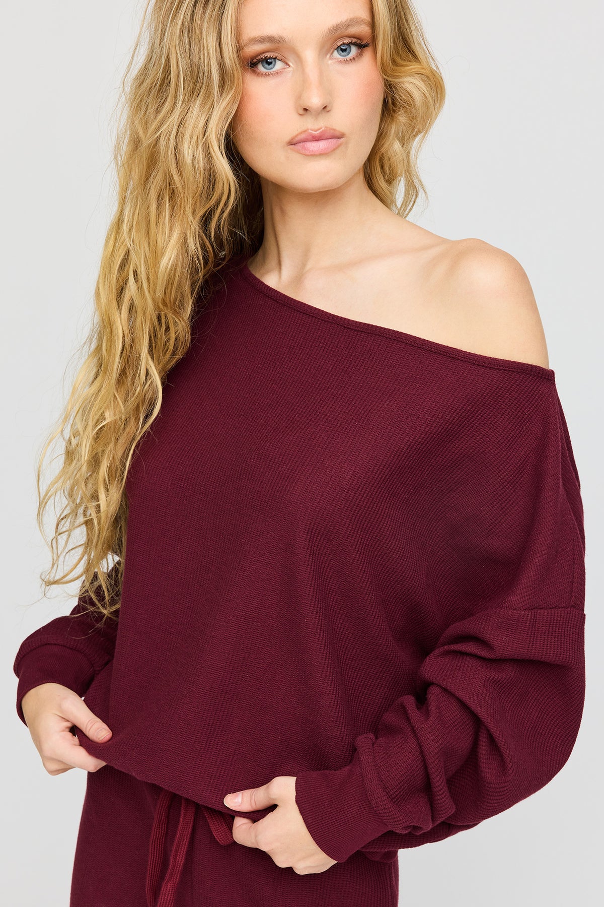 Waffle Knit Off Shoulder Long Sleeve Top - Burgundy