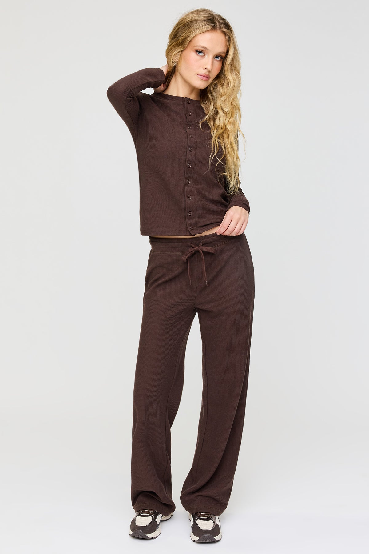 Waffle Knit Straight Leg Pant - Brown
