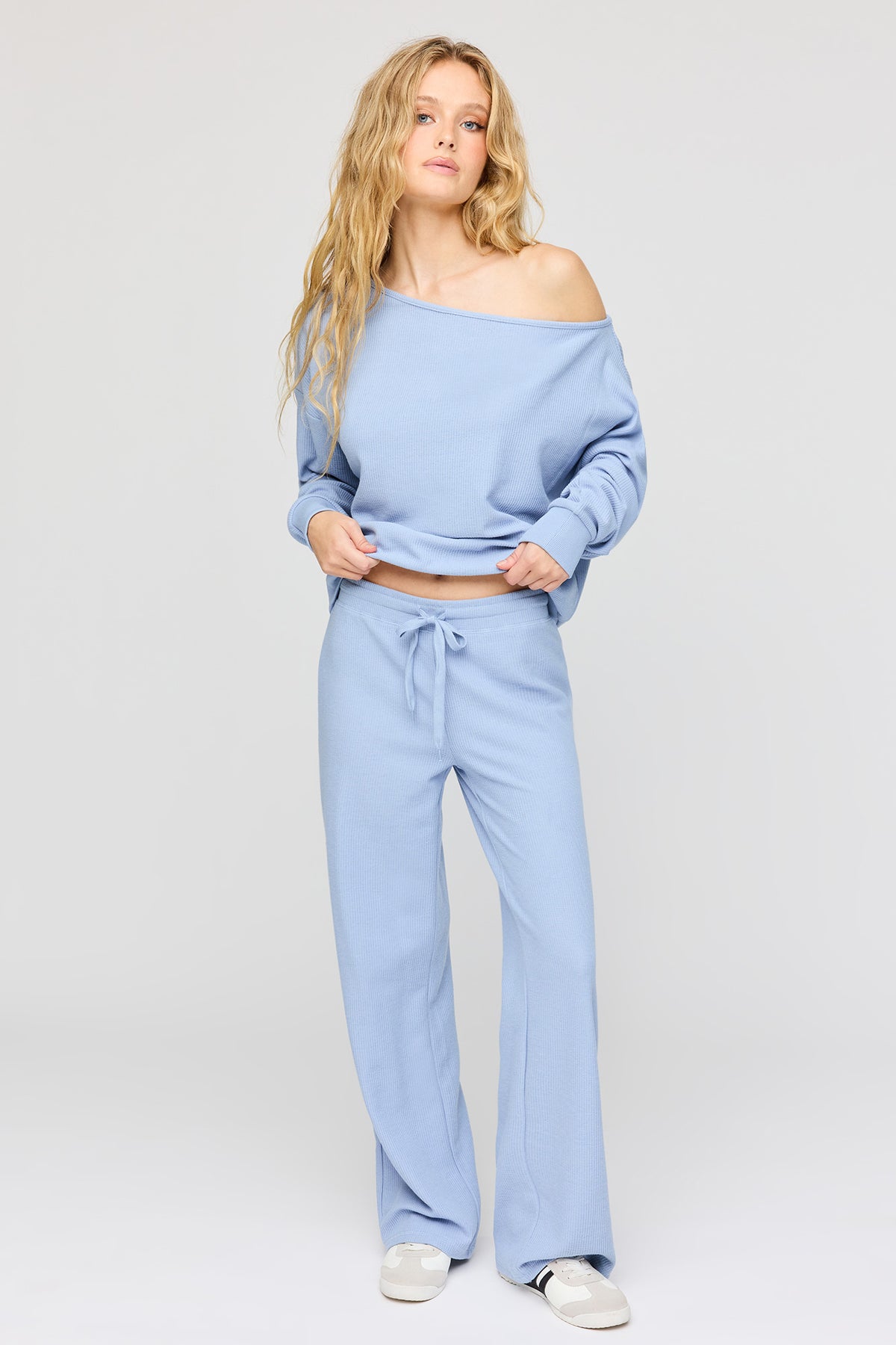 Waffle Knit Straight Leg Pant - Light Blue