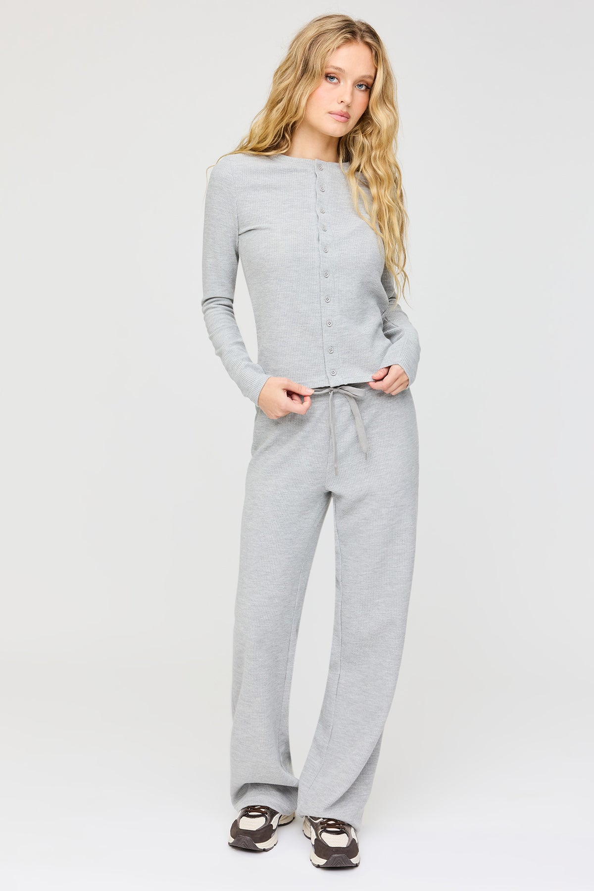 Alt View 3. Waffle Knit Button Front Cardigan - Heather Grey