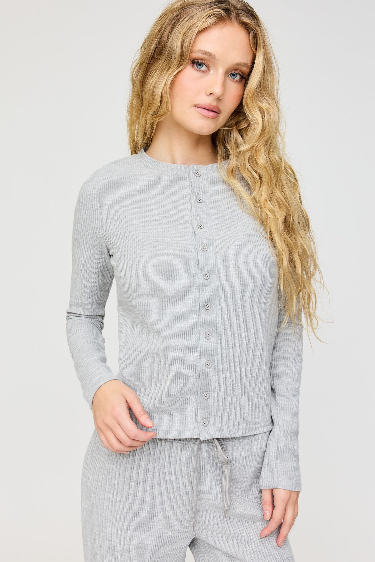Waffle Knit Button Front Cardigan - Heather Grey