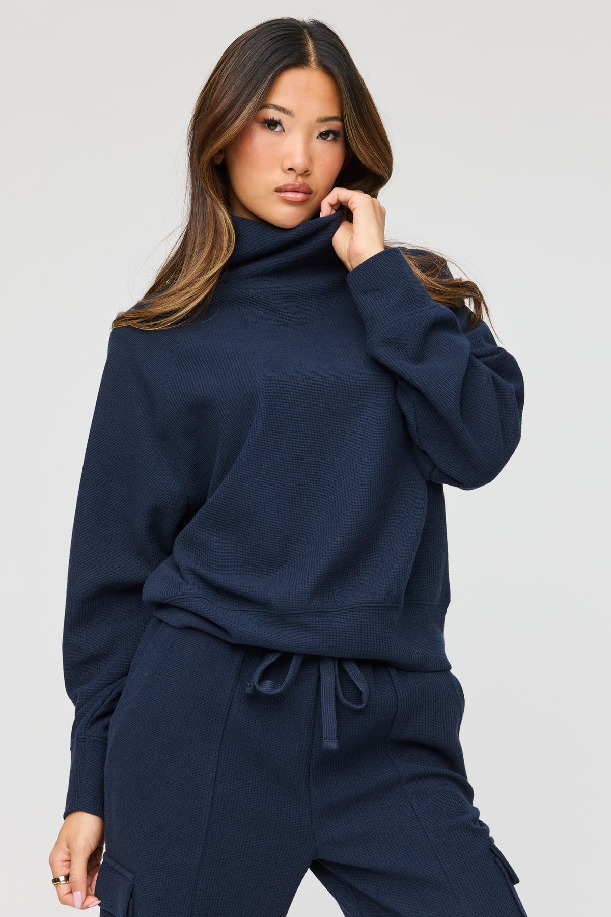 Waffle Knit Mock Neck Sweatshirt - Navy