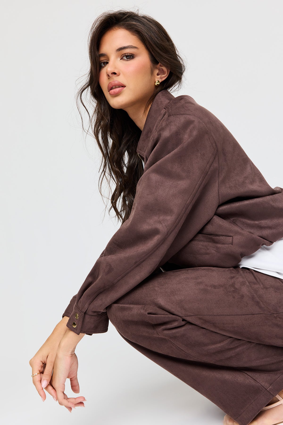 Faux Suede Bomber Jacket - Brown