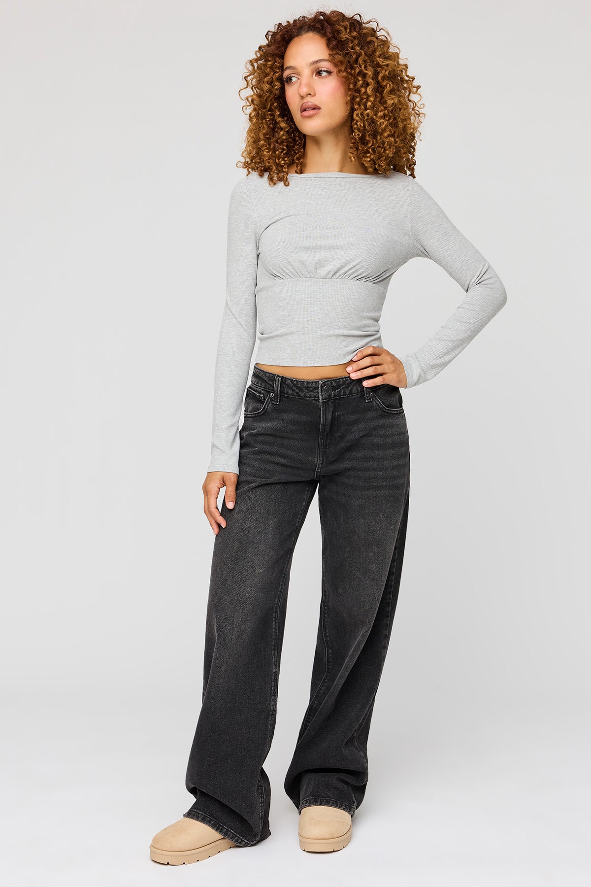 Alt View 3. Ribbed Cinched Waist Long Sleeve Top - Heather Grey