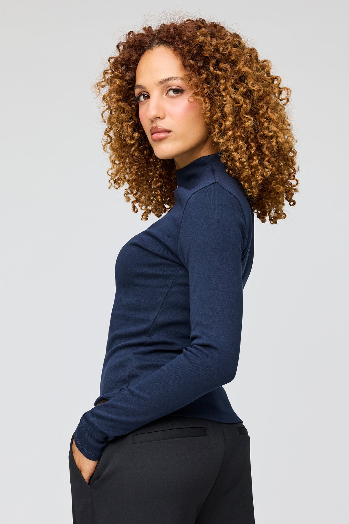 Alt View 2. Mock Neck Long Sleeve Top - Navy