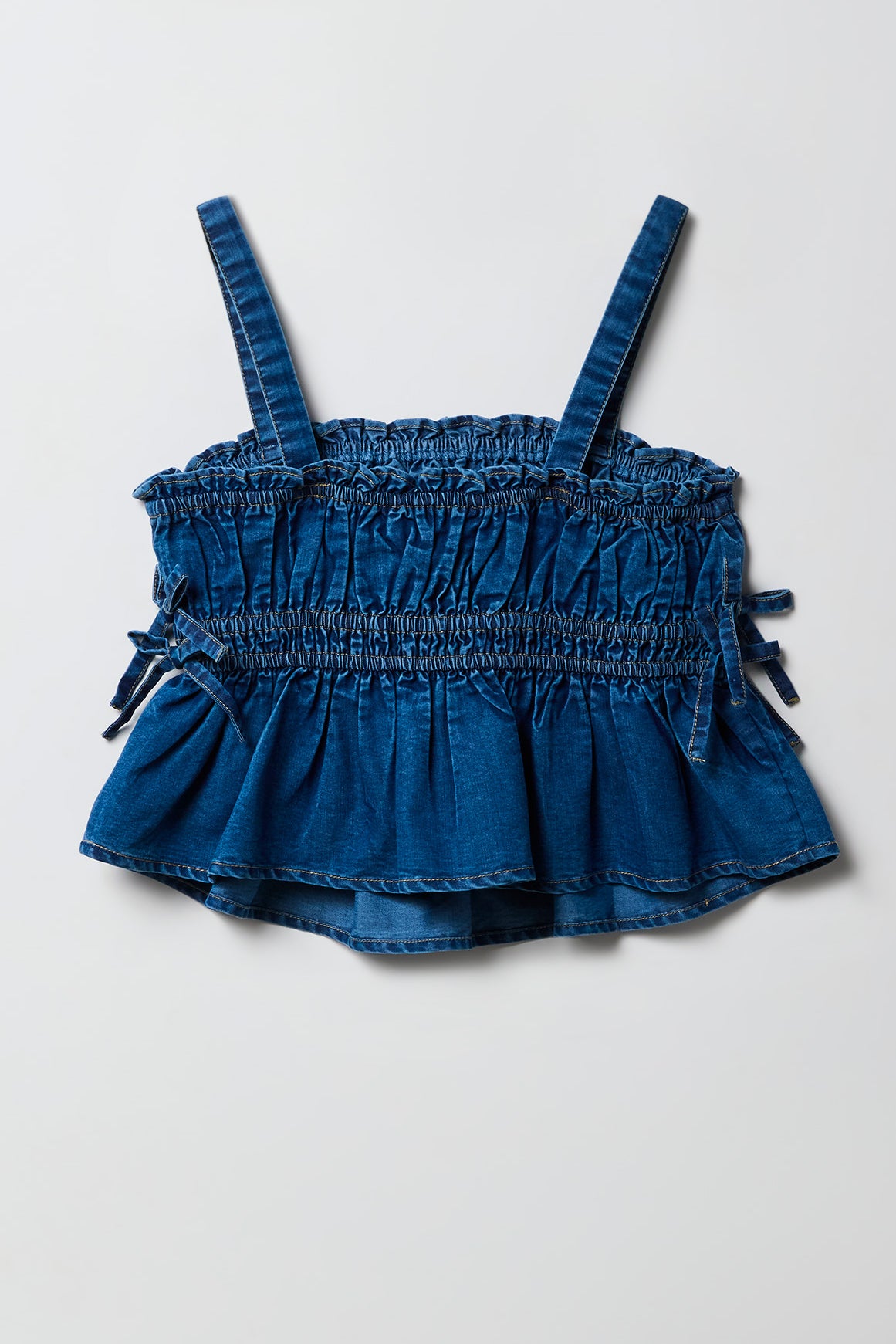 Alt View 2. Girls Chambray Smocked Tank - Medium Blue