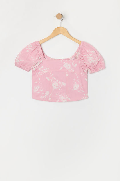 Girls Linen Floral Print Puff Sleeve Top