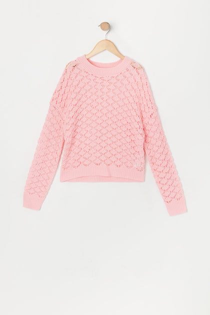Girls Pink Crochet Knit Sweater