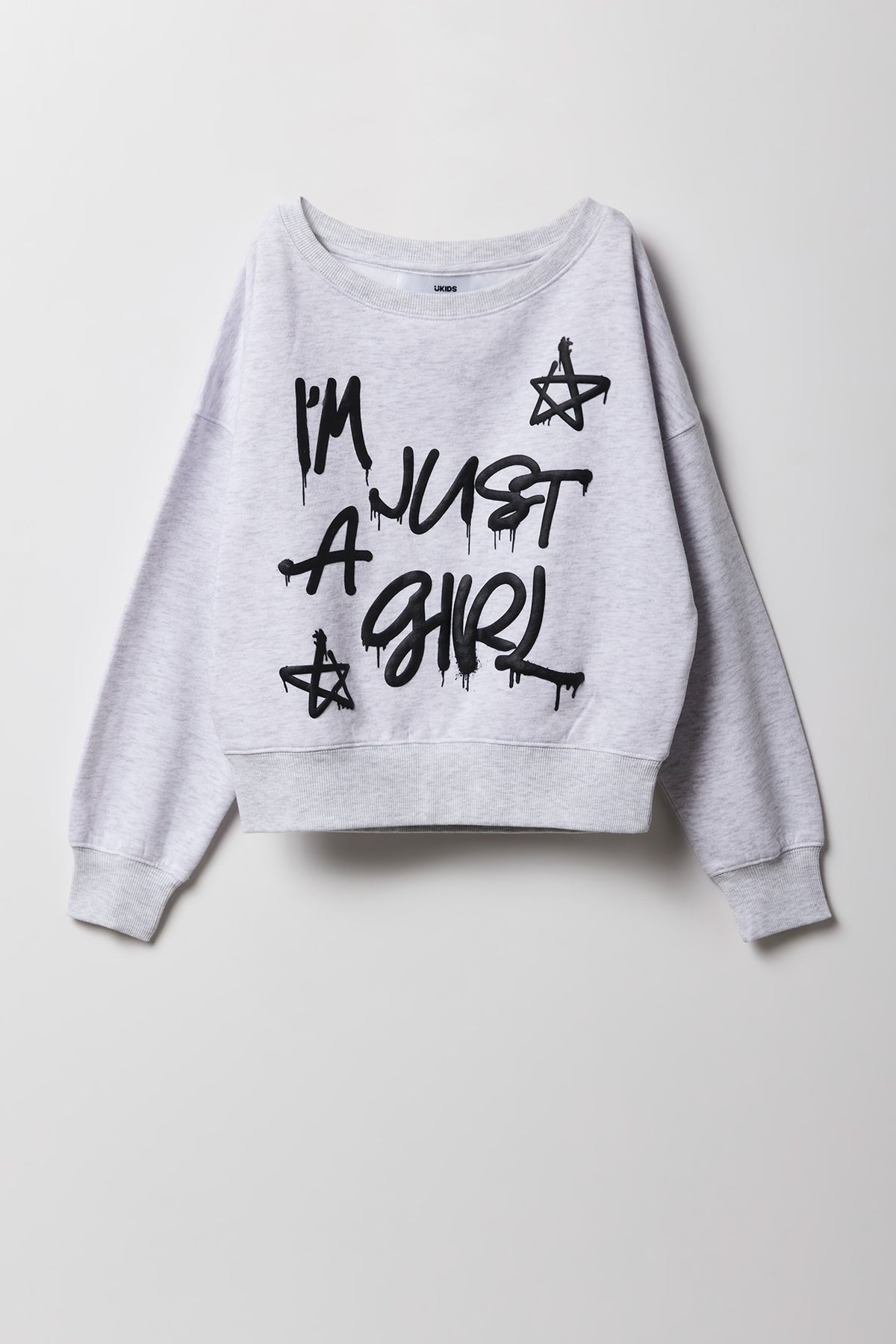Girls Fleece Off Shoulder Puff Print Sweatshirt - Heather Grey