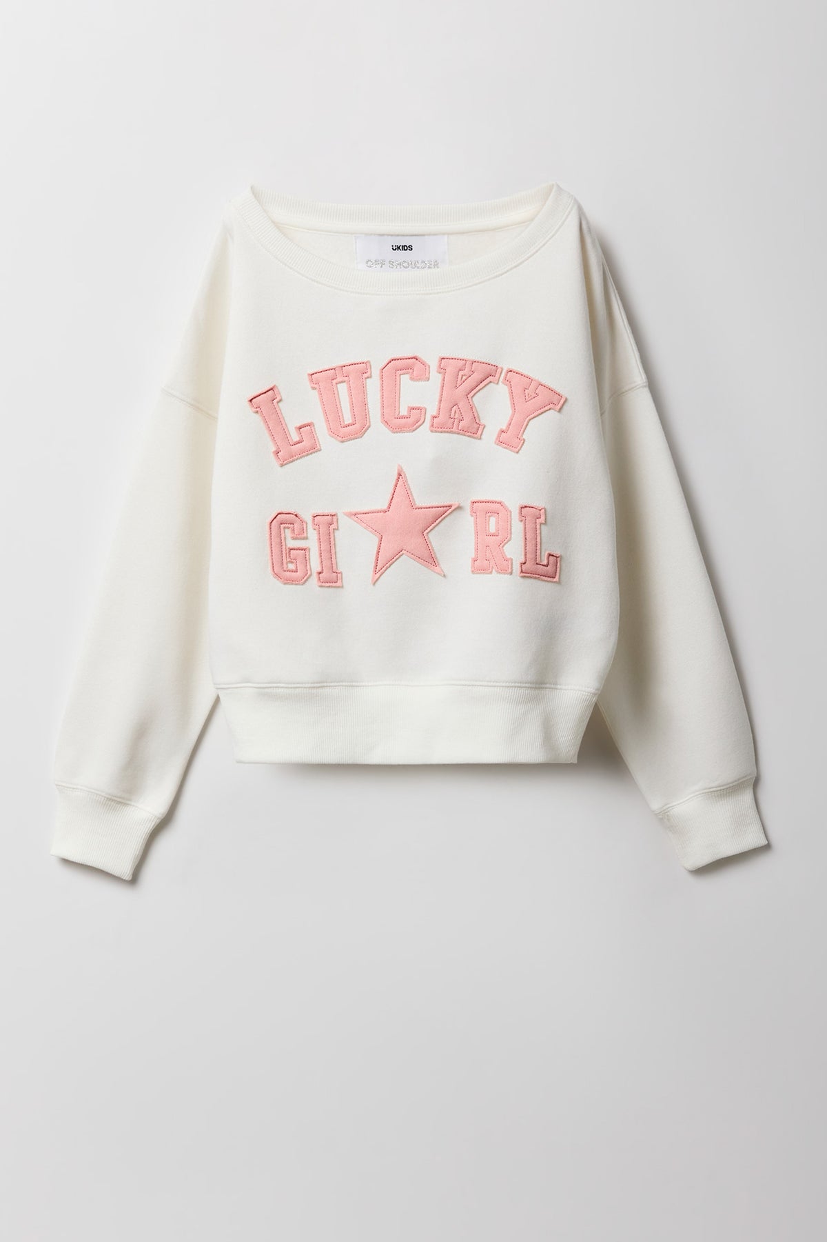 Girls Fleece Off Shoulder Patched Sweatshirt - Ivory
