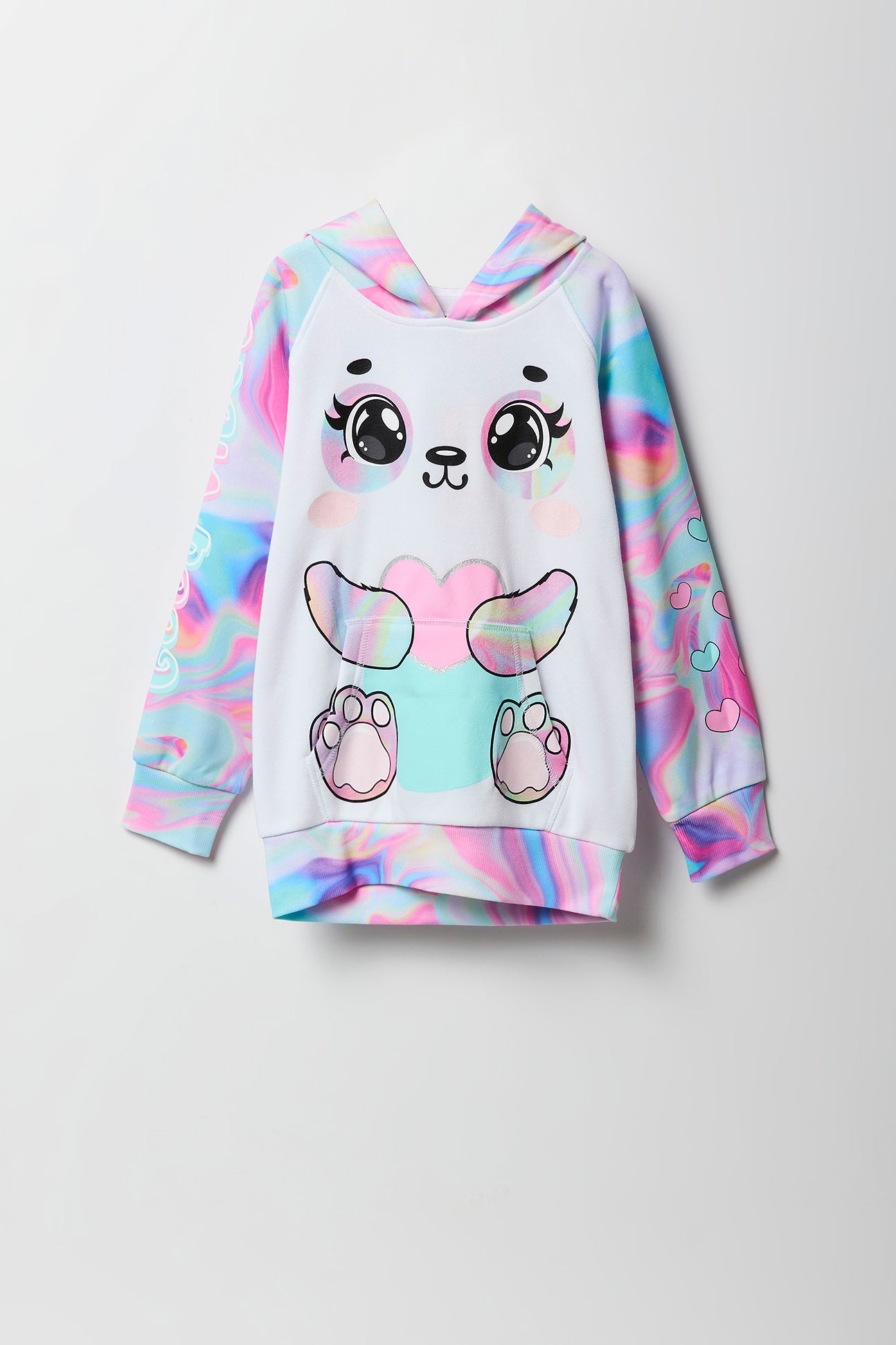 Girls Rainbow Swirl Bear Character Hoodie