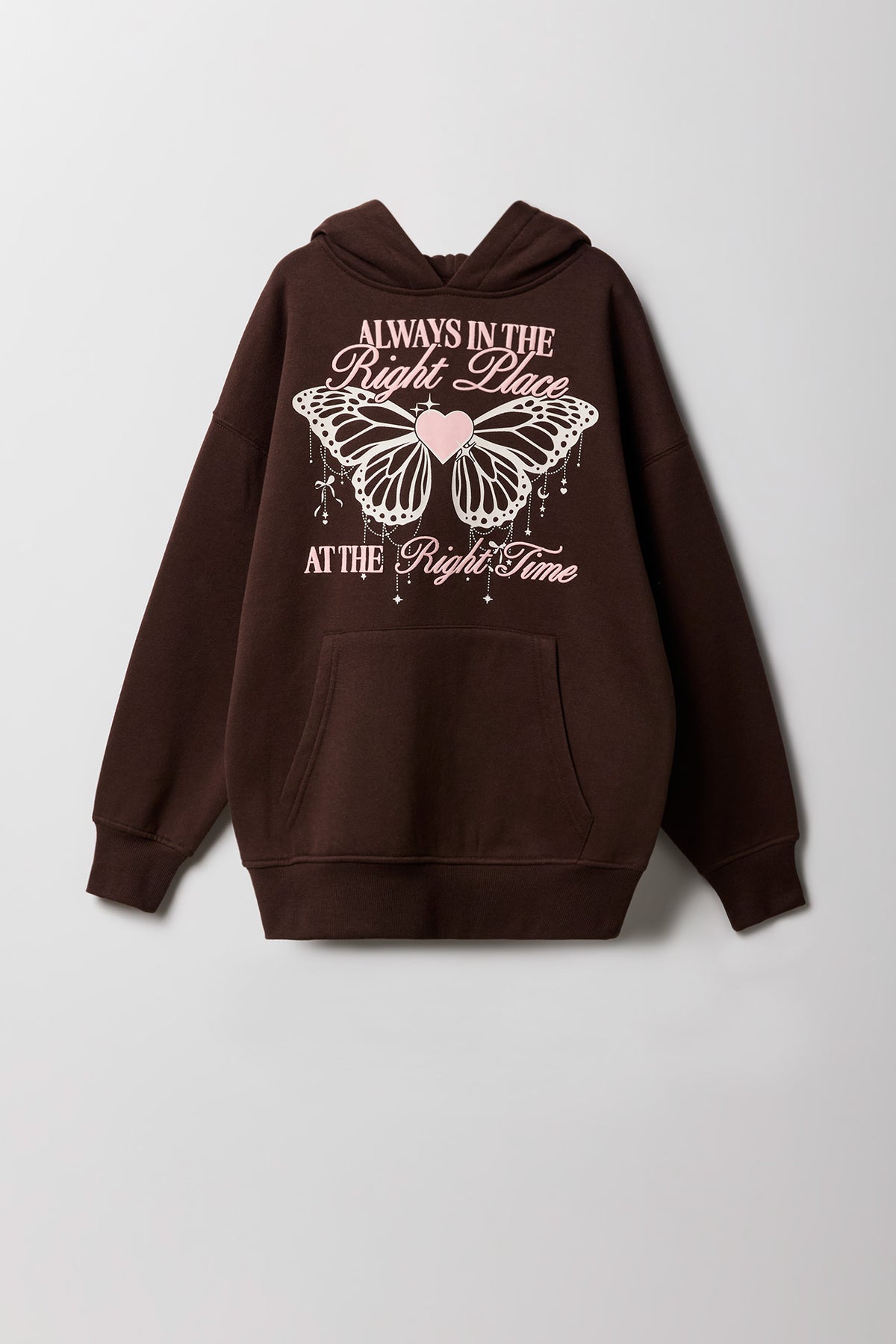 Girls Fleece Puff Print Hoodie - Dark Brown