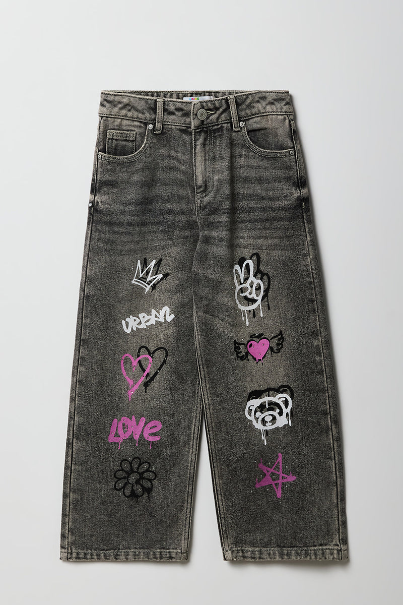 Girls Graffiti Print Baggy Wide Leg Jean