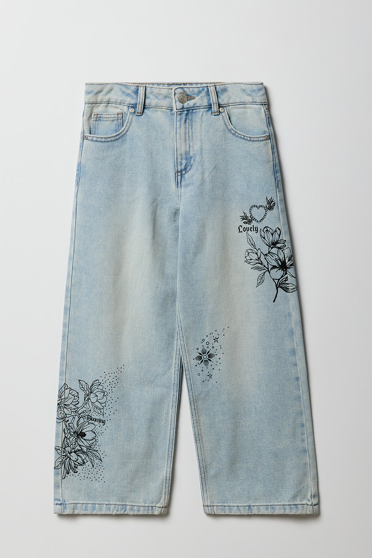 Girls Flower Graphic Baggy Wide Leg Jean - Light Denim Blue