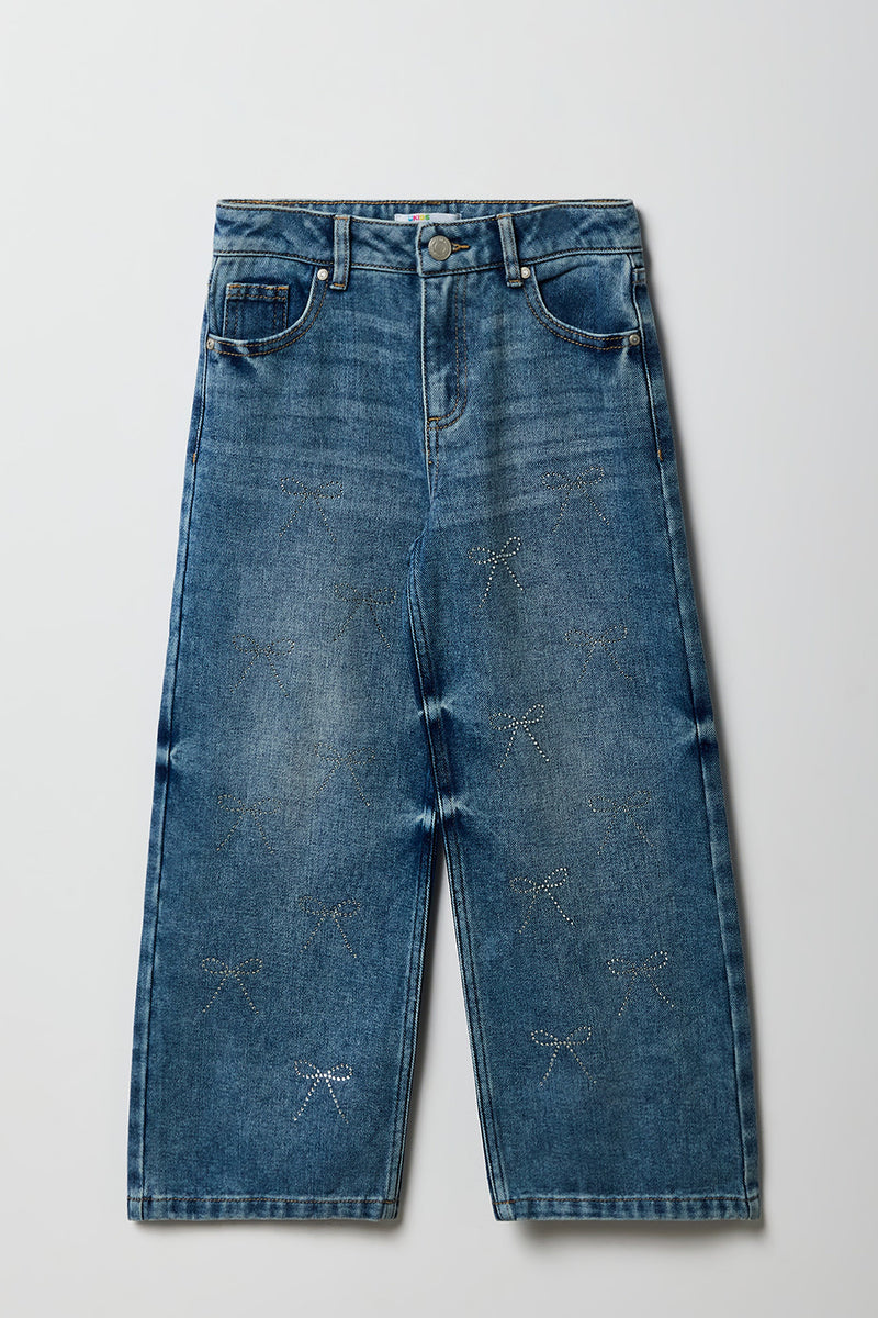 Girls Rhinestone Bow Baggy Wide Leg Jean
