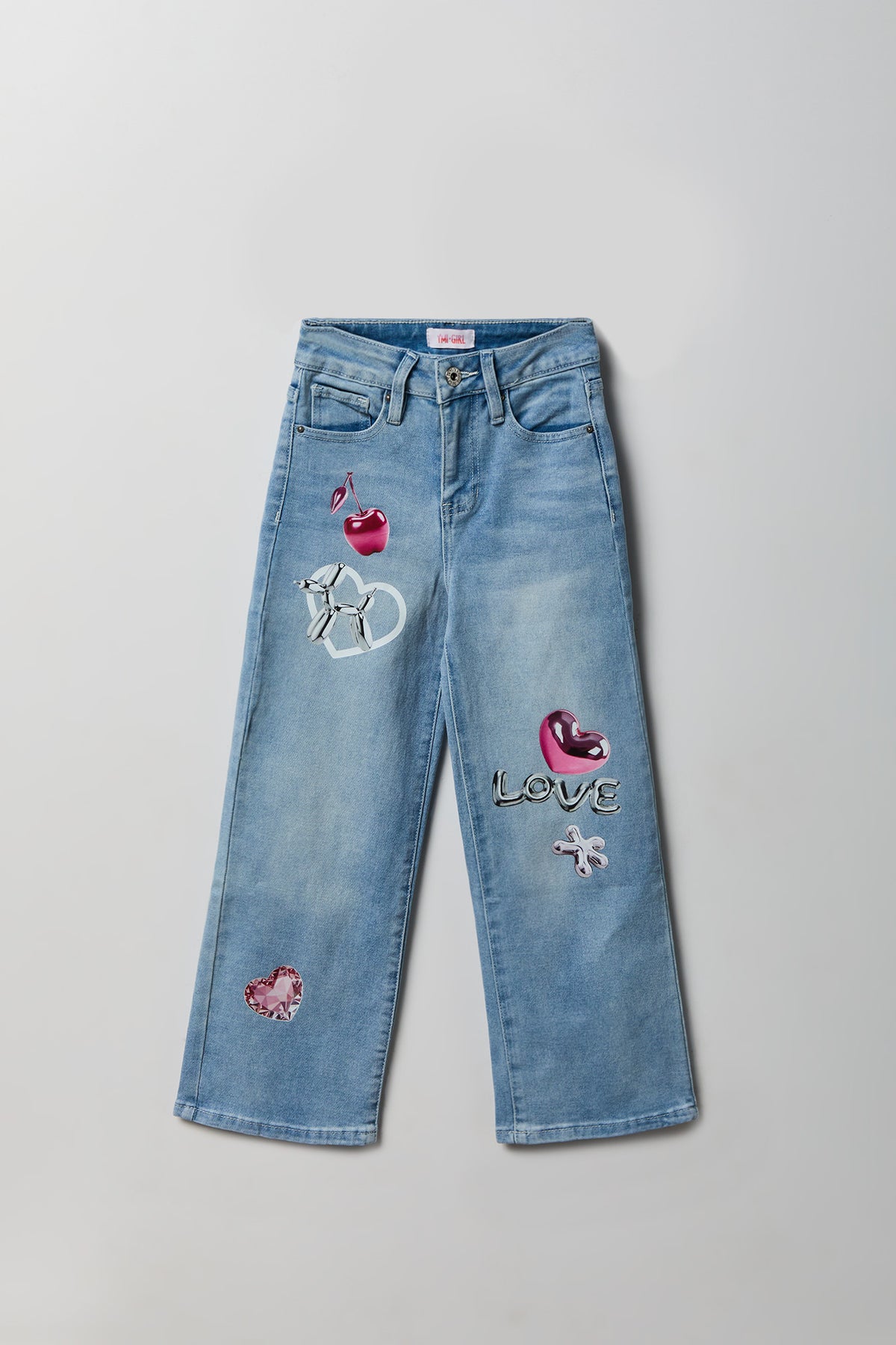 Girls Stretch Graphic Wide Leg Jean - Light Denim Blue