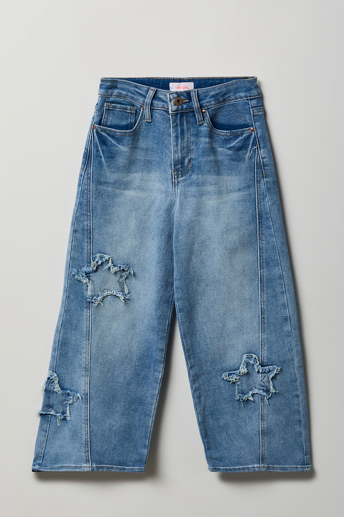 Girls Stretch Star Patch Baggy Jean - Light Denim Blue