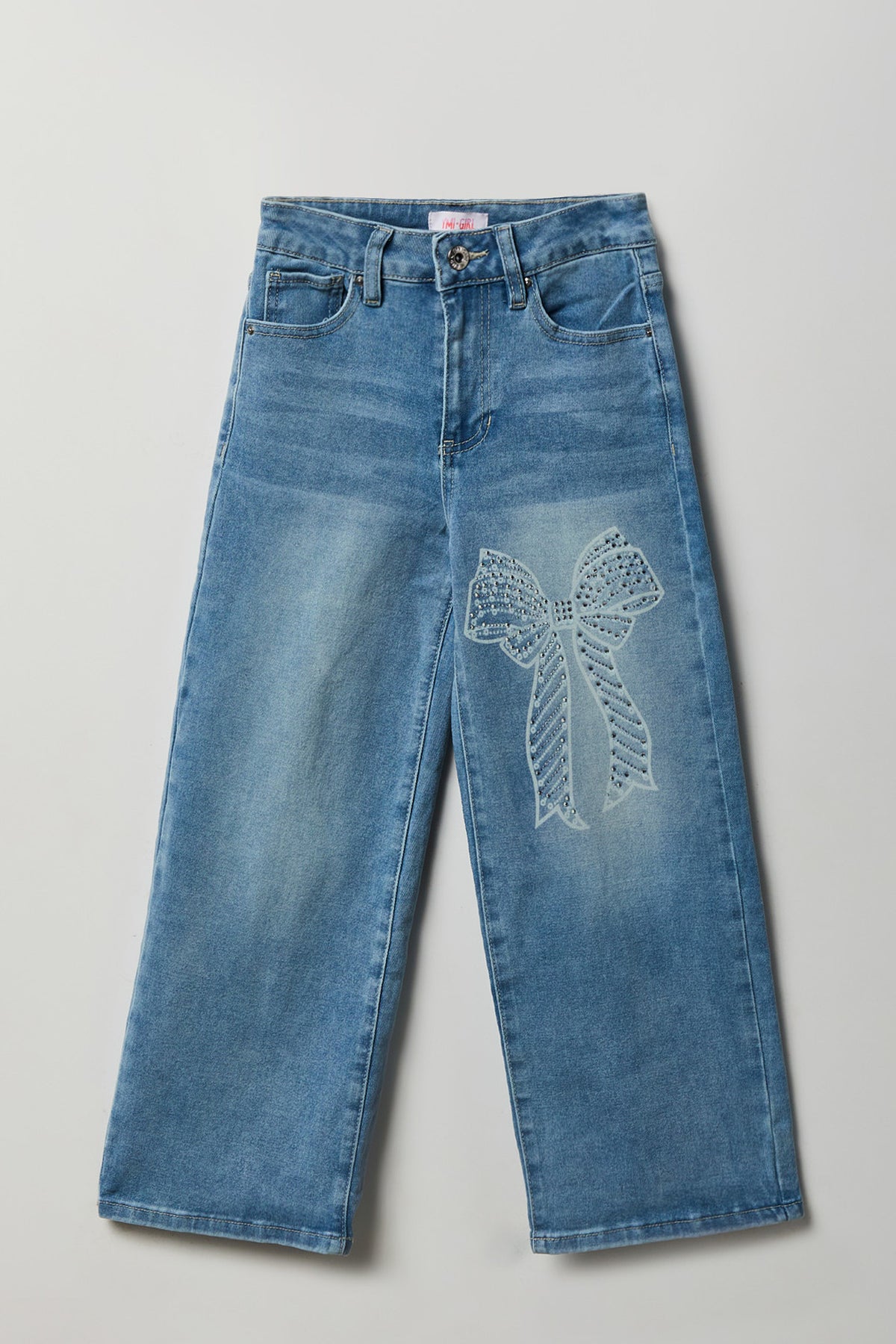 Jean baggy extensible avec boucle ornée de pierres du Rhin pour fille