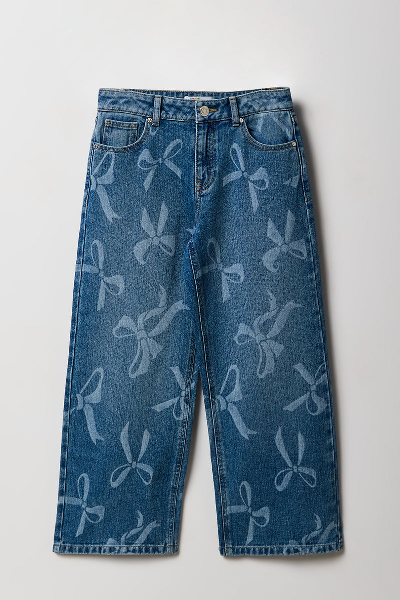 Girls Mid Rise Baggy Bow Wash Jean
