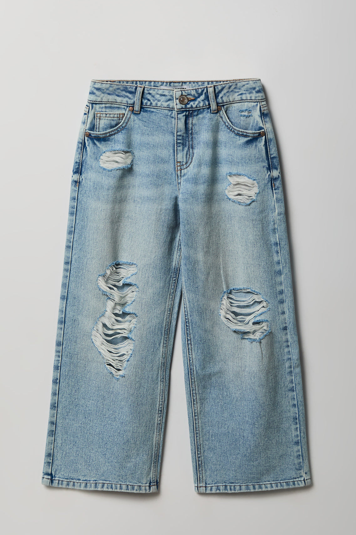 Jean mi-taille super baggy extensible déchiré pâle pour fille