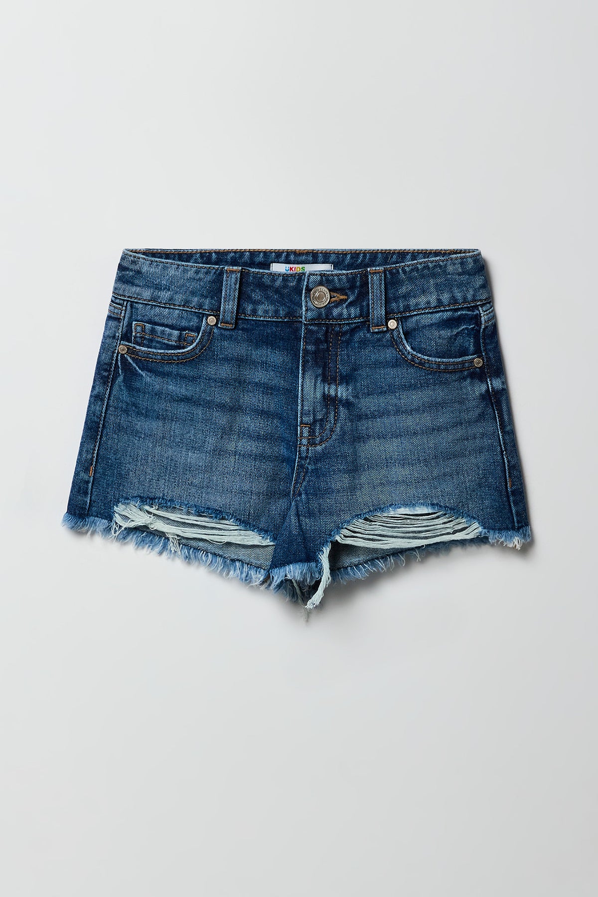 Girls Ripped High-Rise Denim Short - Denim Blue