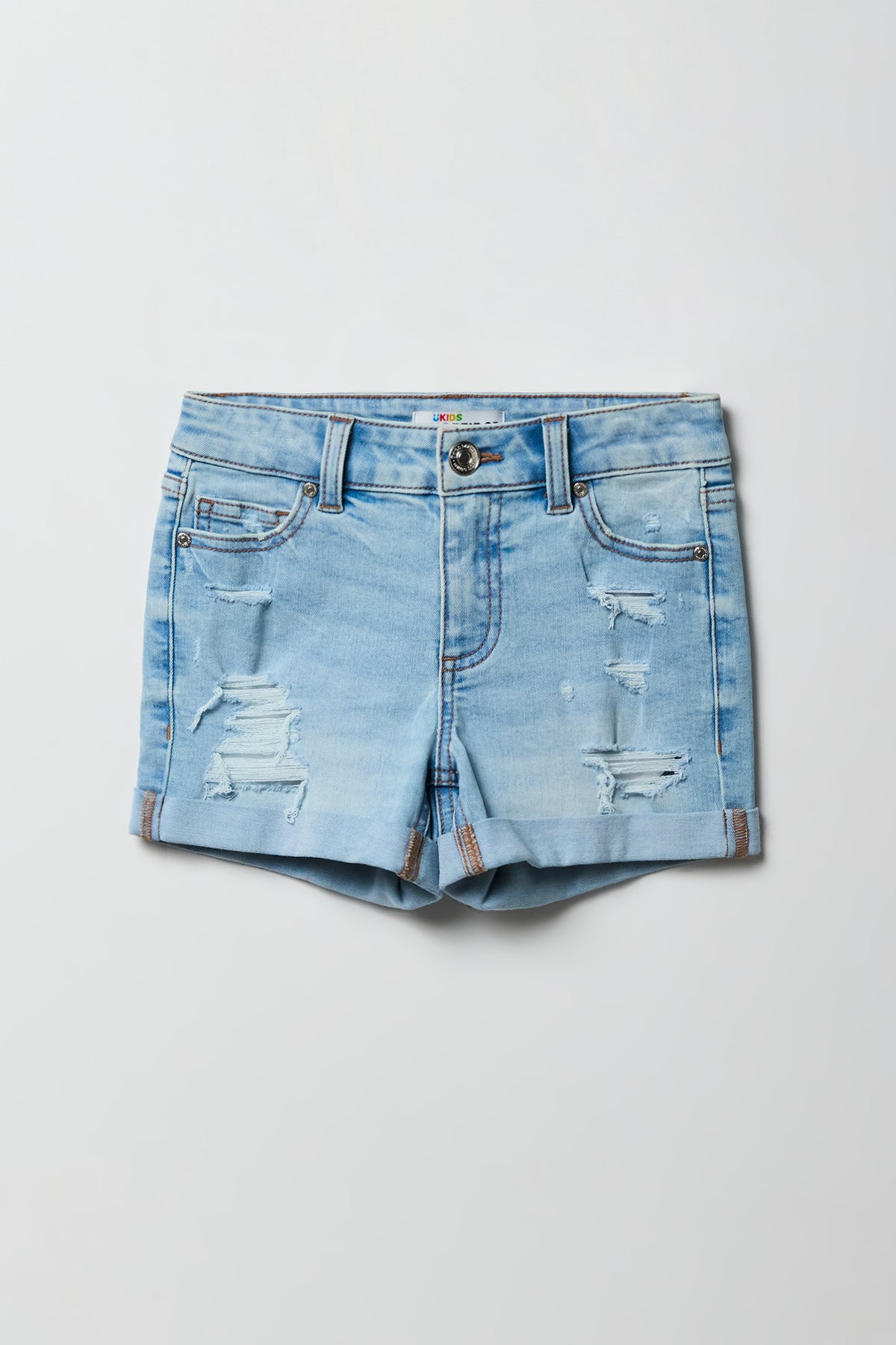 Girls Ripped Mid Rise Denim Shortie - Light Denim Blue