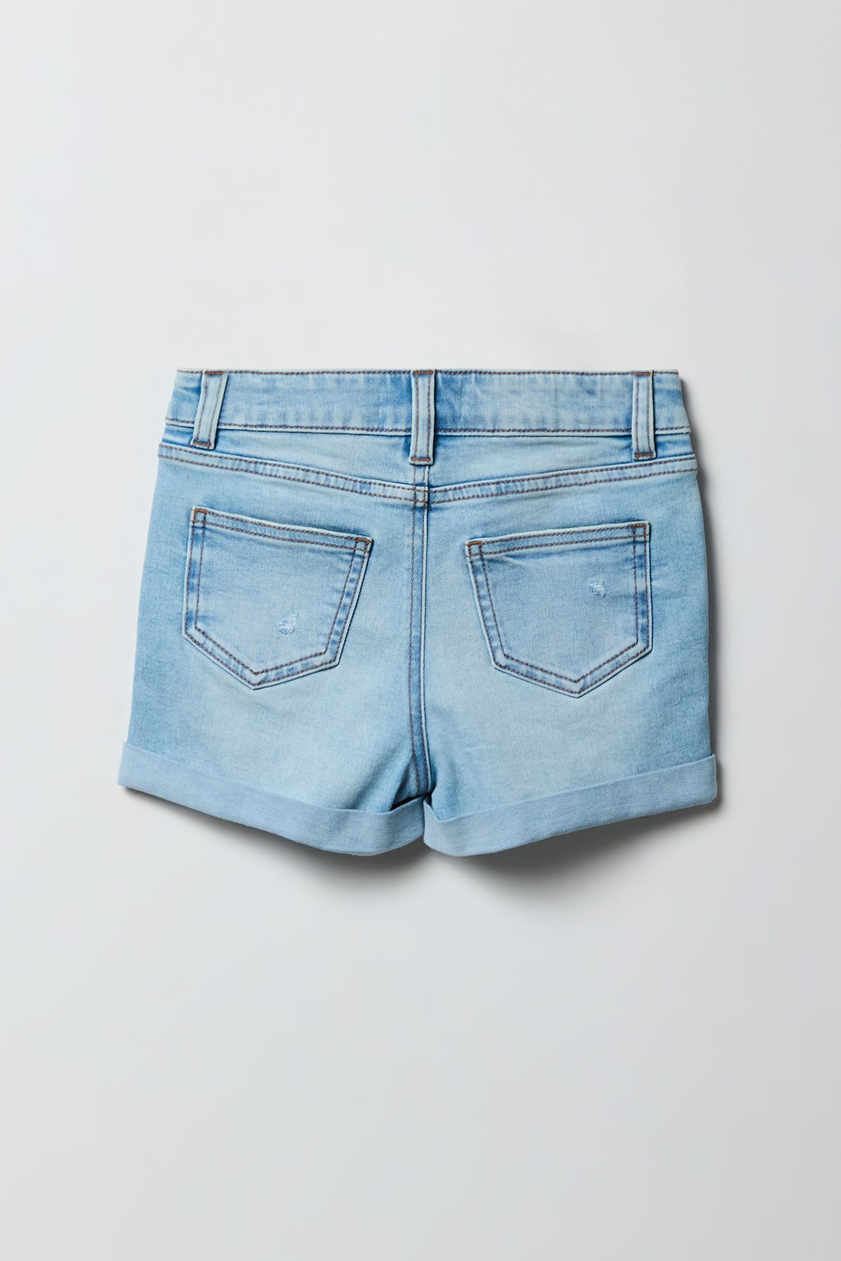 Alt View 2. Girls Ripped Mid Rise Denim Shortie - Light Denim Blue