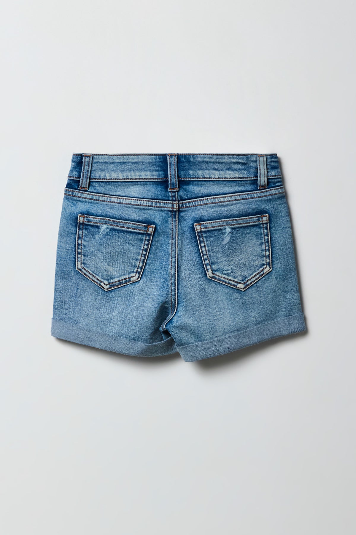 Alt View 2. Girls Ripped Mid Rise Denim Shortie - Medium Blue